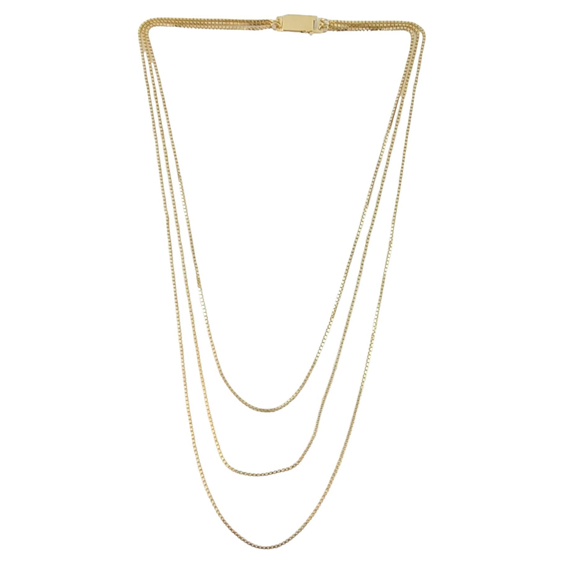 14K Yellow Gold Triple Strand Box Chain Necklace For Sale