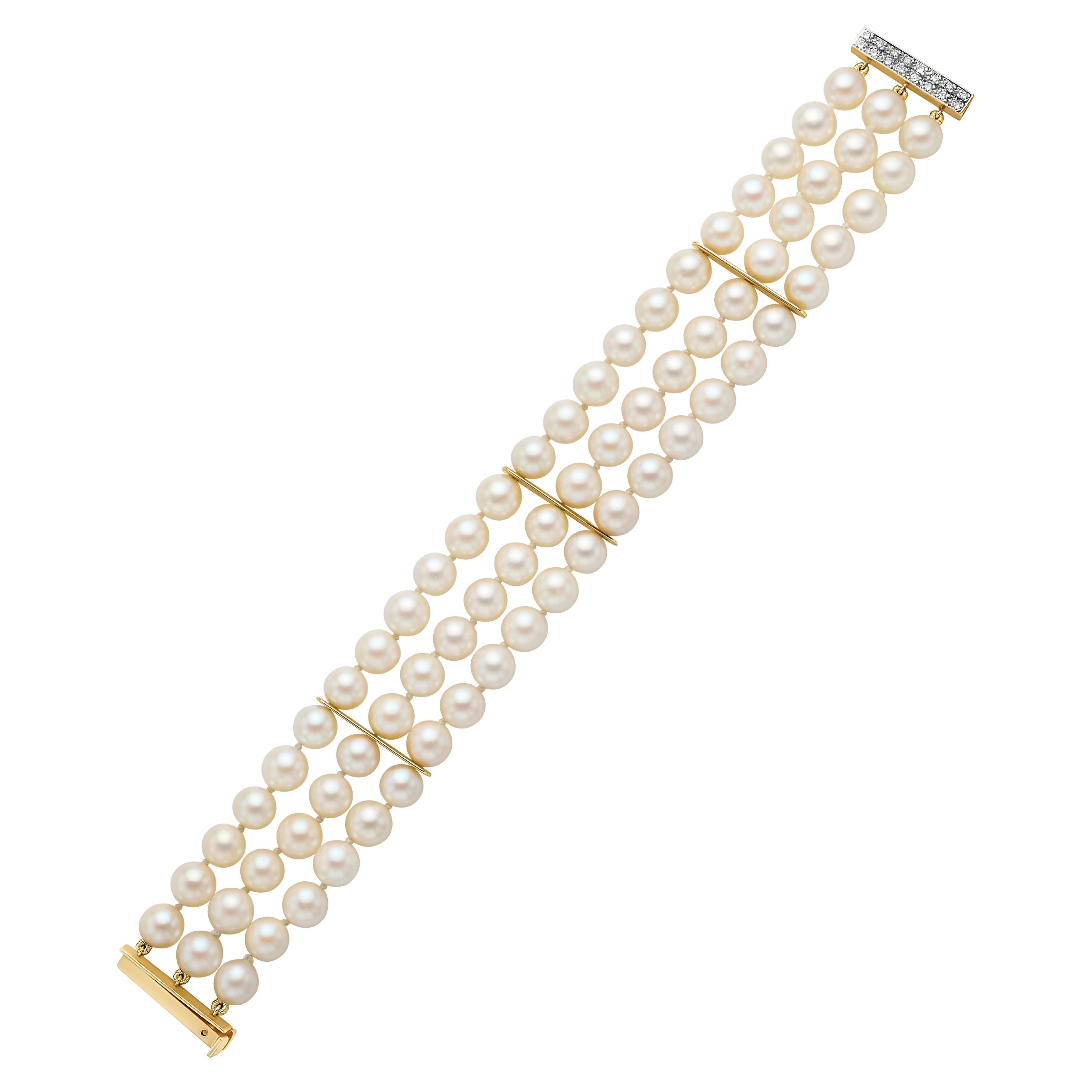 14k Yellow Gold Triple Strand Pearl and Diamond Bracelet