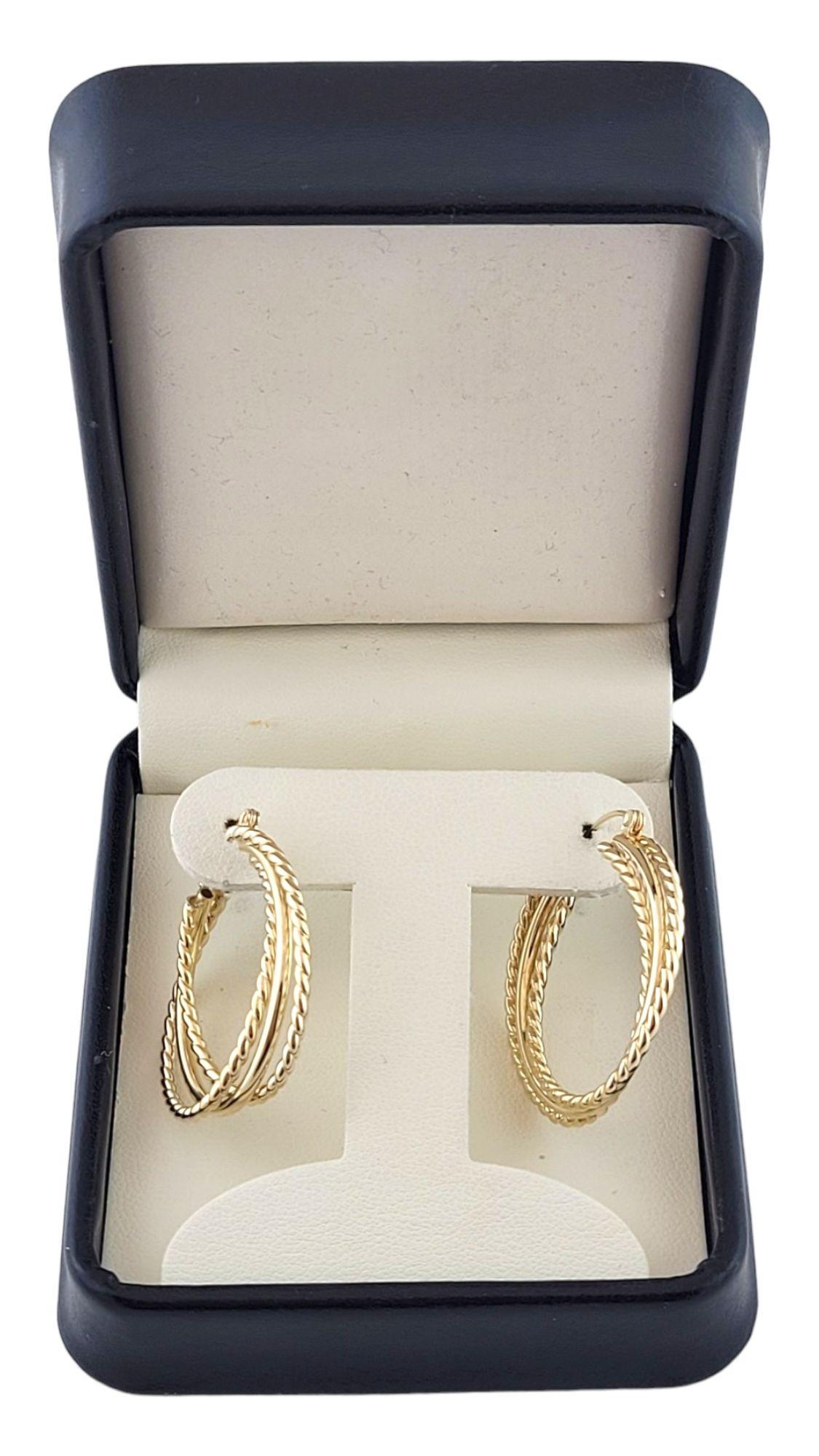  14K Yellow Gold Triple Textured Hoop Earrings #14960 For Sale 2