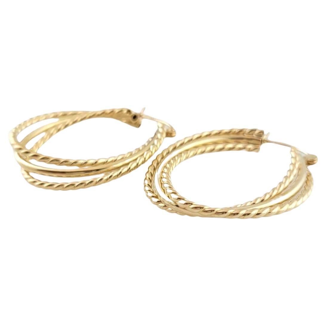  14K Yellow Gold Triple Textured Hoop Earrings #14960 For Sale