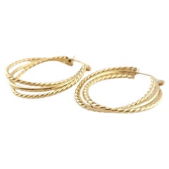 Vintage  14K Yellow Gold Triple Textured Hoop Earrings #14960