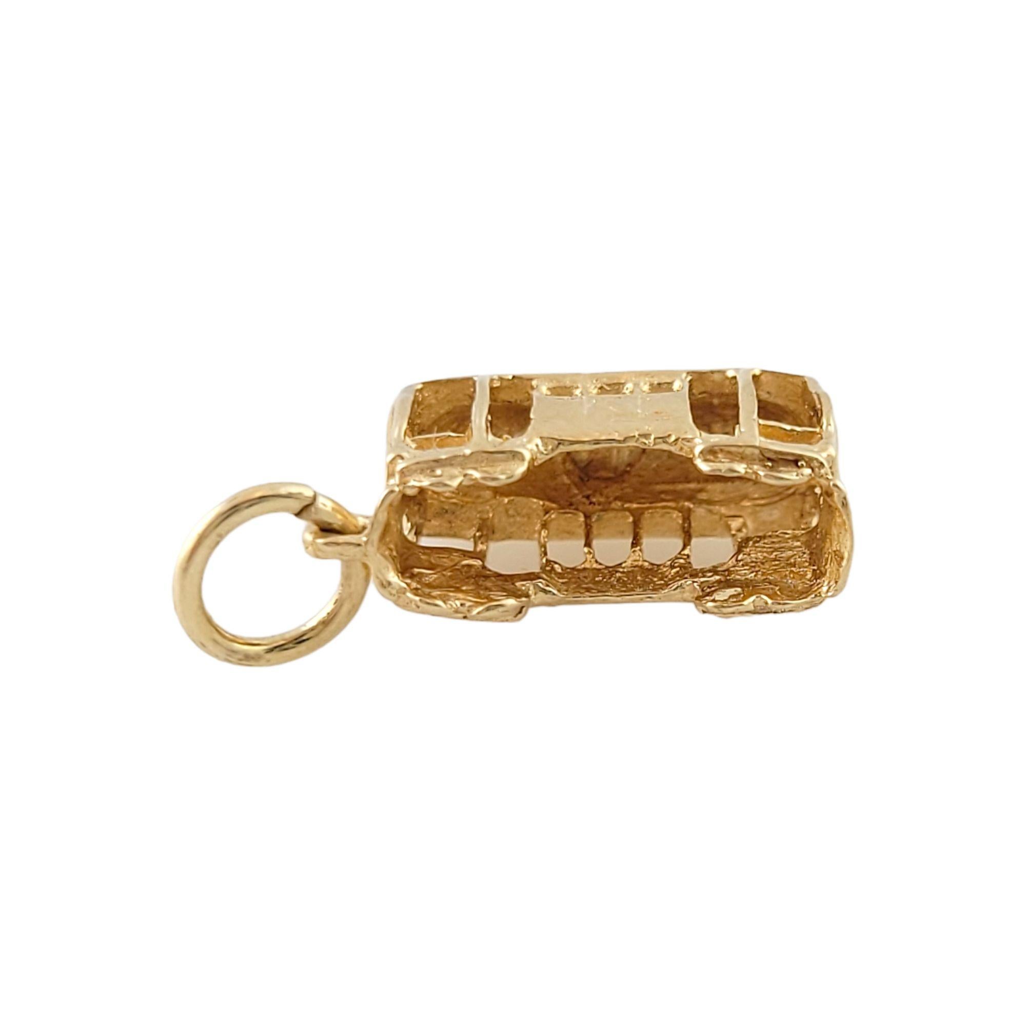This 14K yellow gold charm is an adorable representation of a trolly train!

Size: 10mm X 13.5mm X 6mm

Weight: 1.66 g/ 1.1 dwt

Hallmark: 14K

Very good condition, professionally polished.

Will come packaged in a gift box or pouch (when possible)