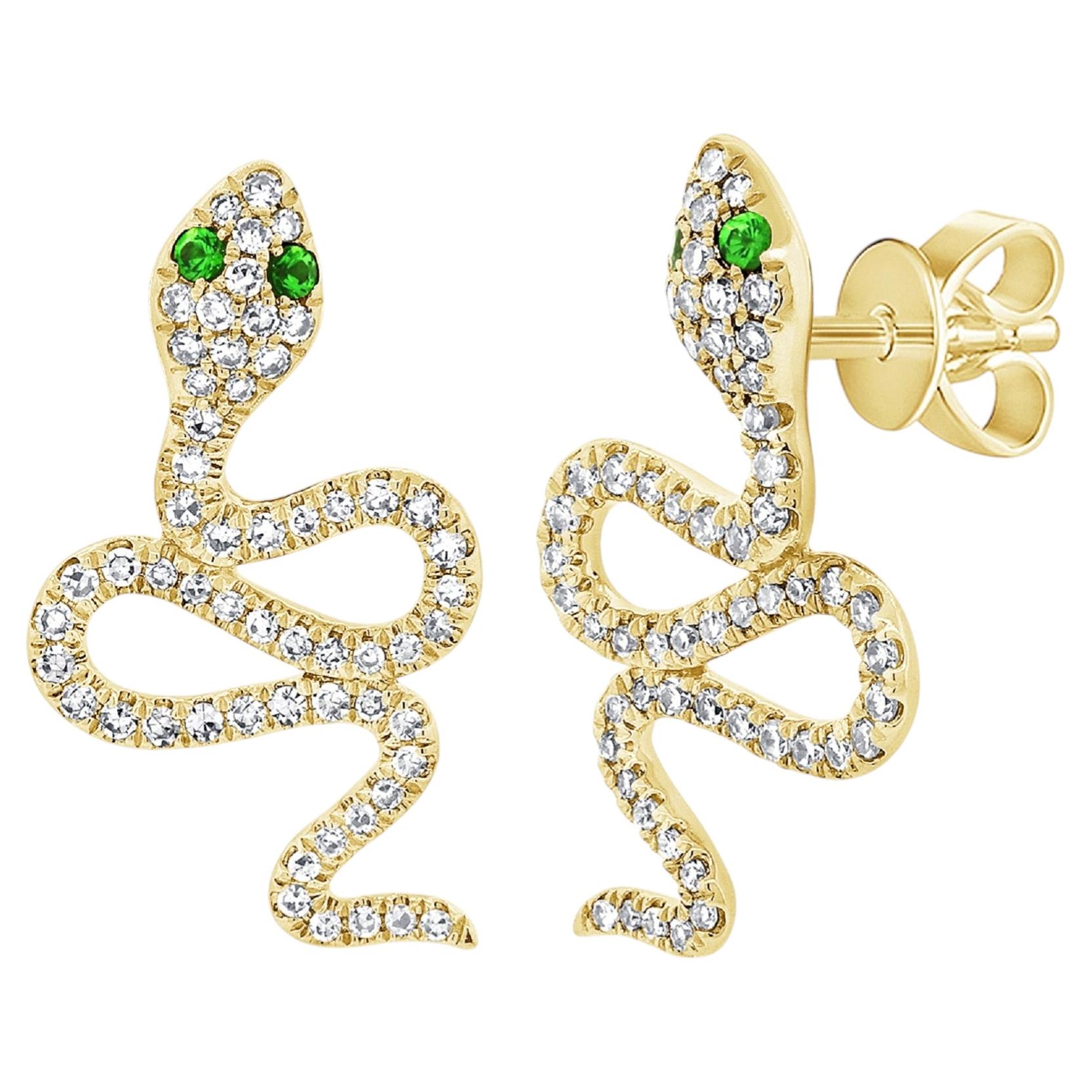 14K Yellow Gold Tsavorite & Diamond Snake Earrings For Sale