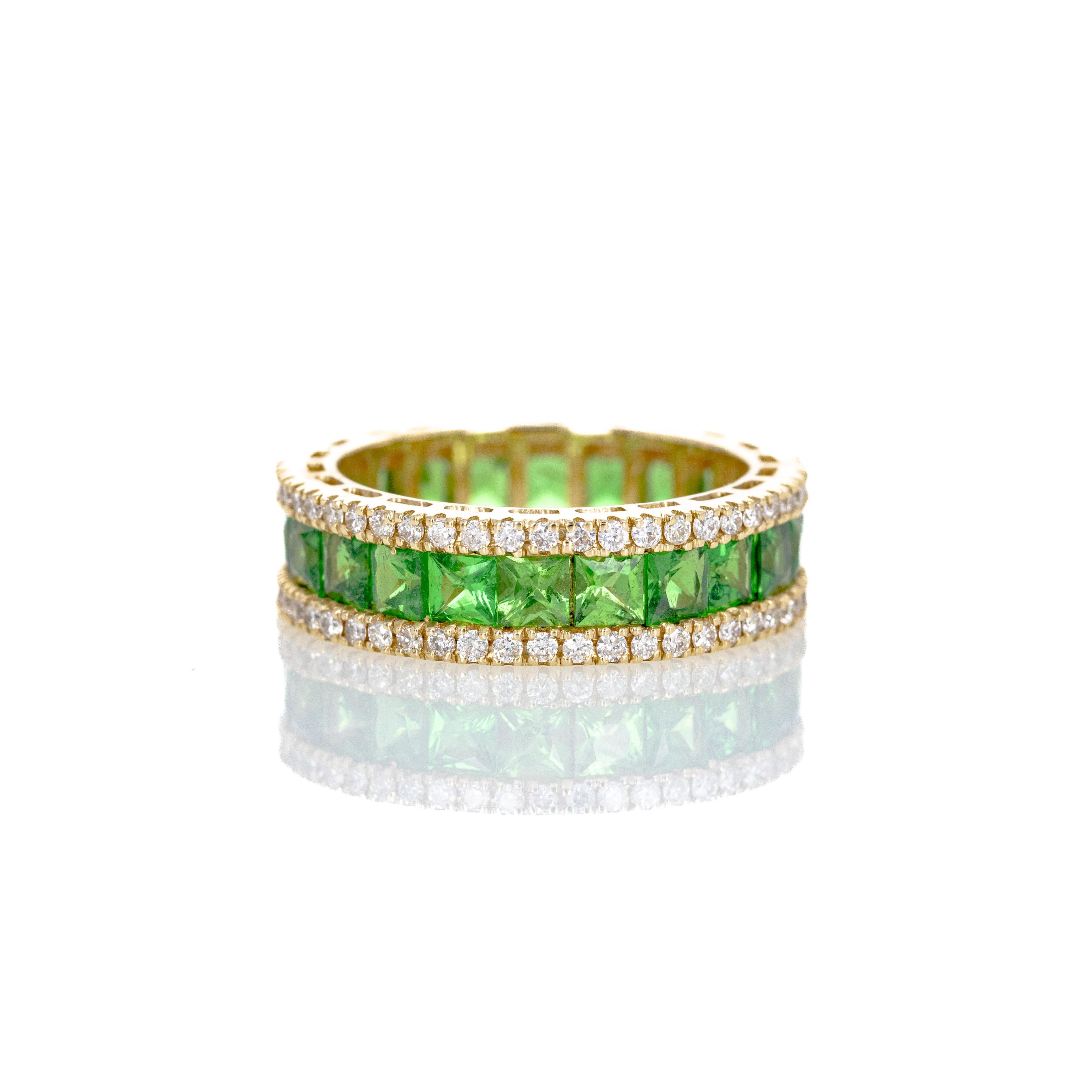 Women's 14K Yellow Gold Tsavorite Garnet Diamond Eternity Band For Sale