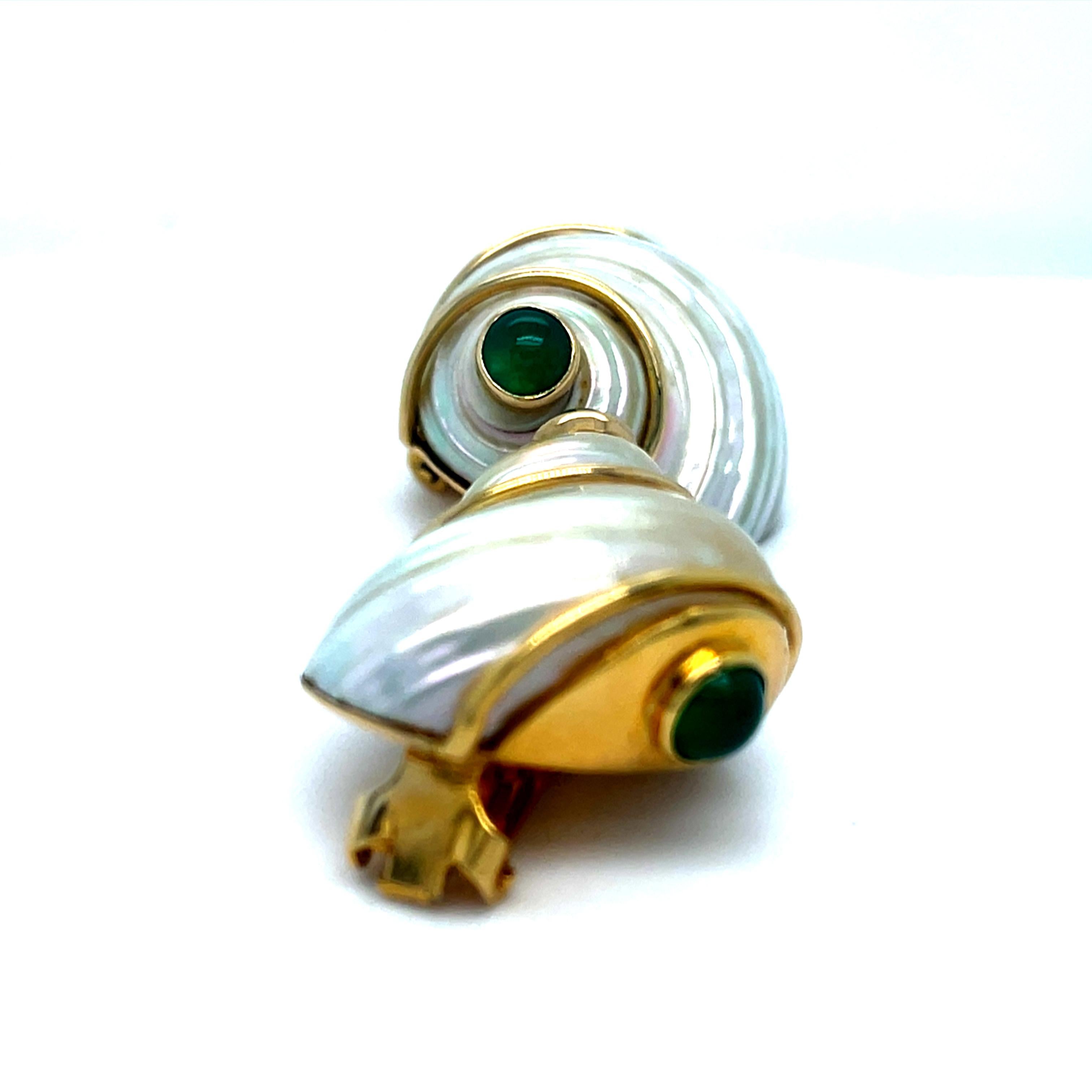 14k Yellow Gold Turbo Shell Ear Clips with Emerald and Chrysoprase Cabochons For Sale 3