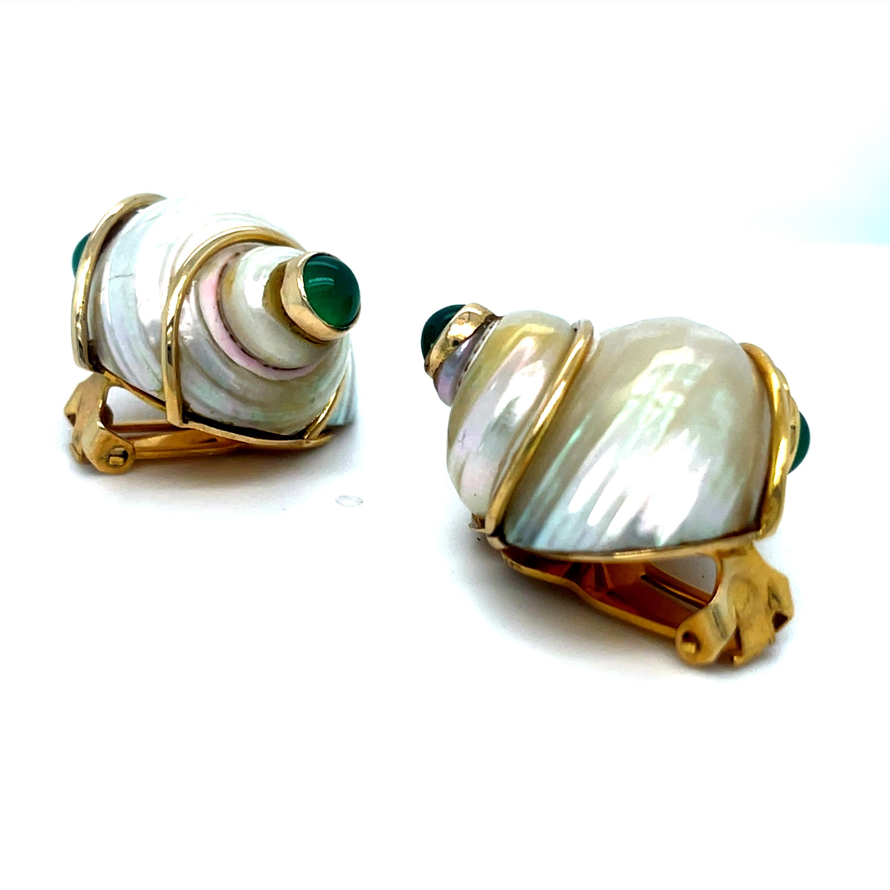 14k Yellow Gold Turbo Shell Ear Clips with Emerald and Chrysoprase Cabochons For Sale 4