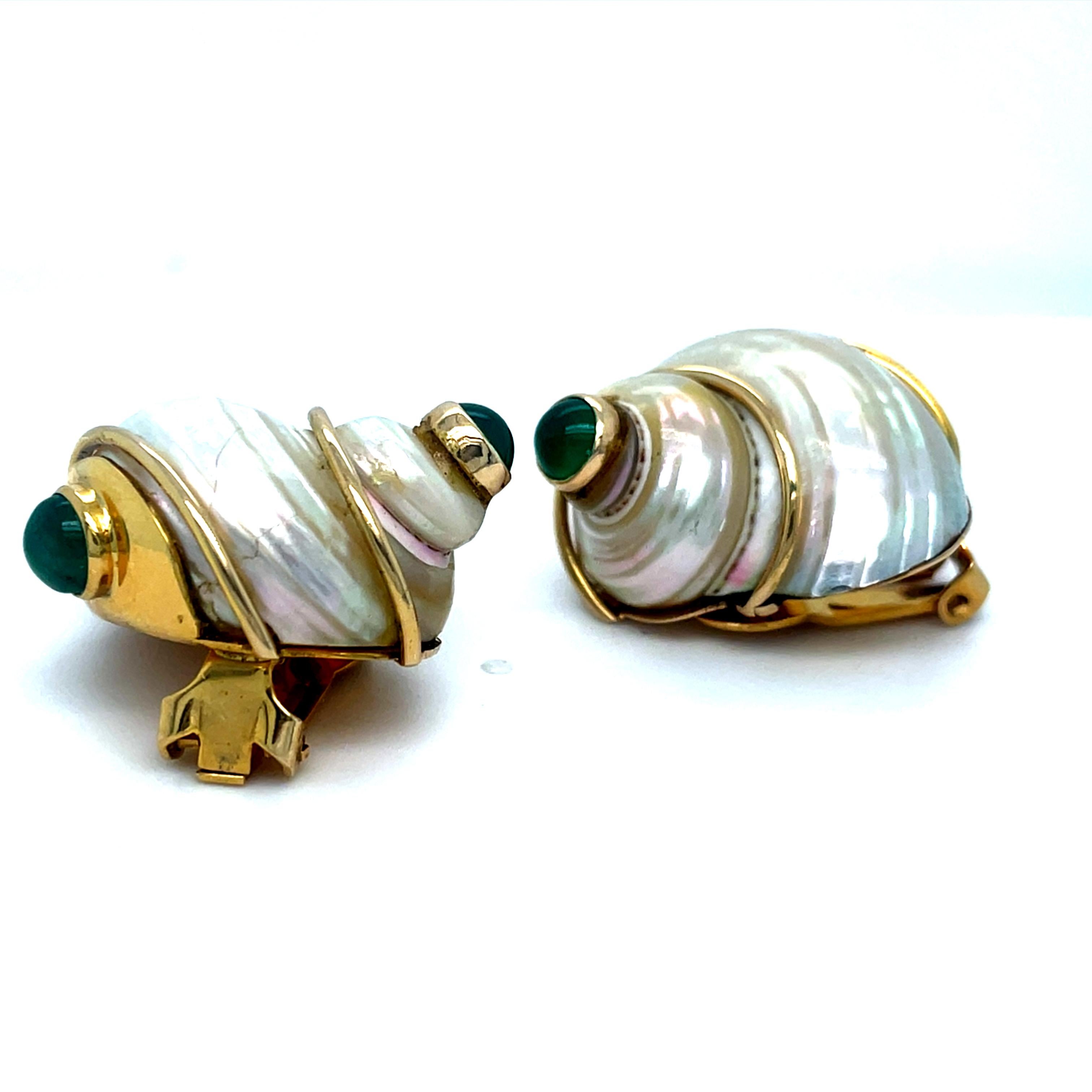 14k Yellow Gold Turbo Shell Ear Clips with Emerald and Chrysoprase Cabochons For Sale 5