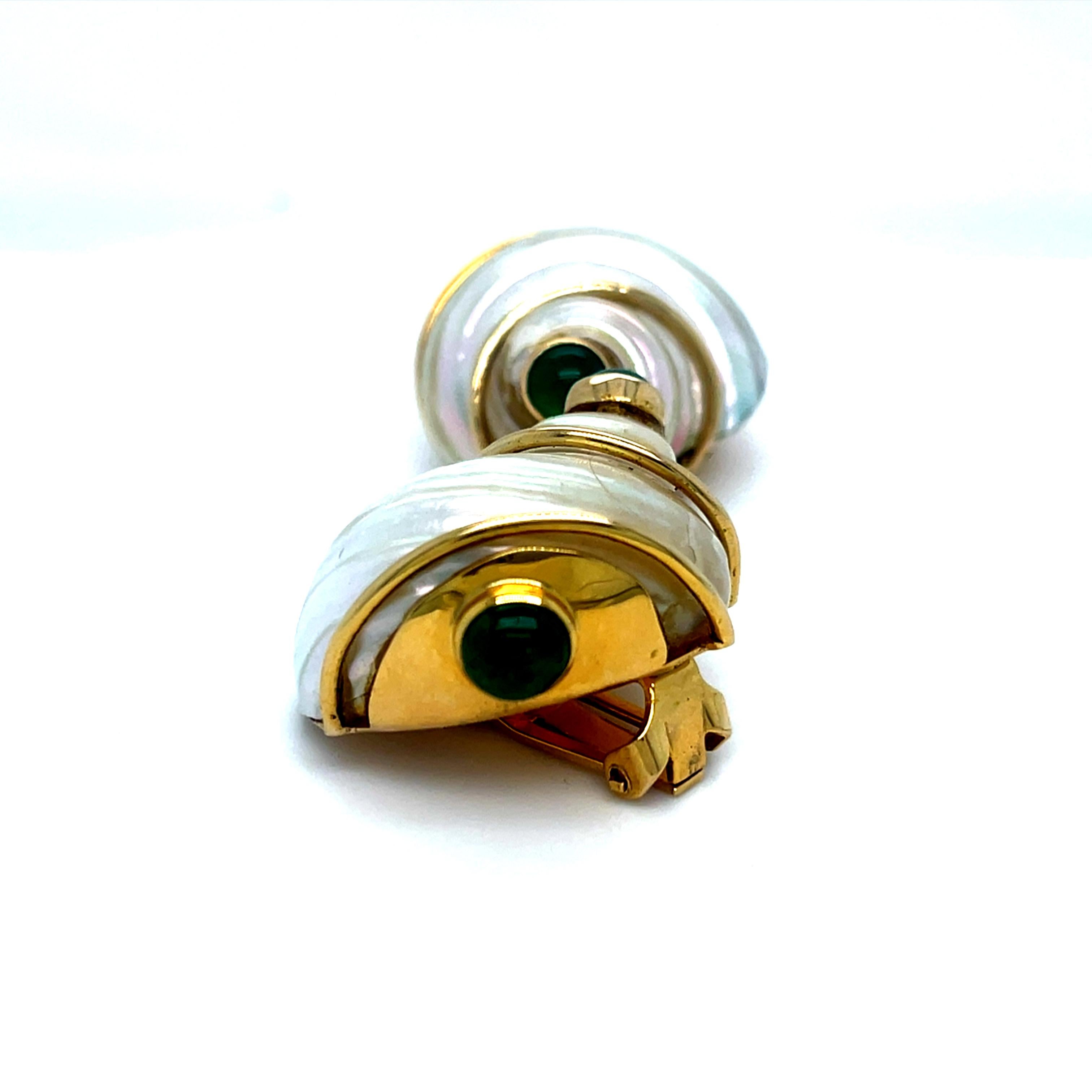 14k Yellow Gold Turbo Shell Ear Clips with Emerald and Chrysoprase Cabochons For Sale 6
