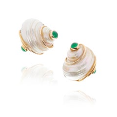 14k Yellow Gold Turbo Shell Ear Clips with Emerald and Chrysoprase Cabochons