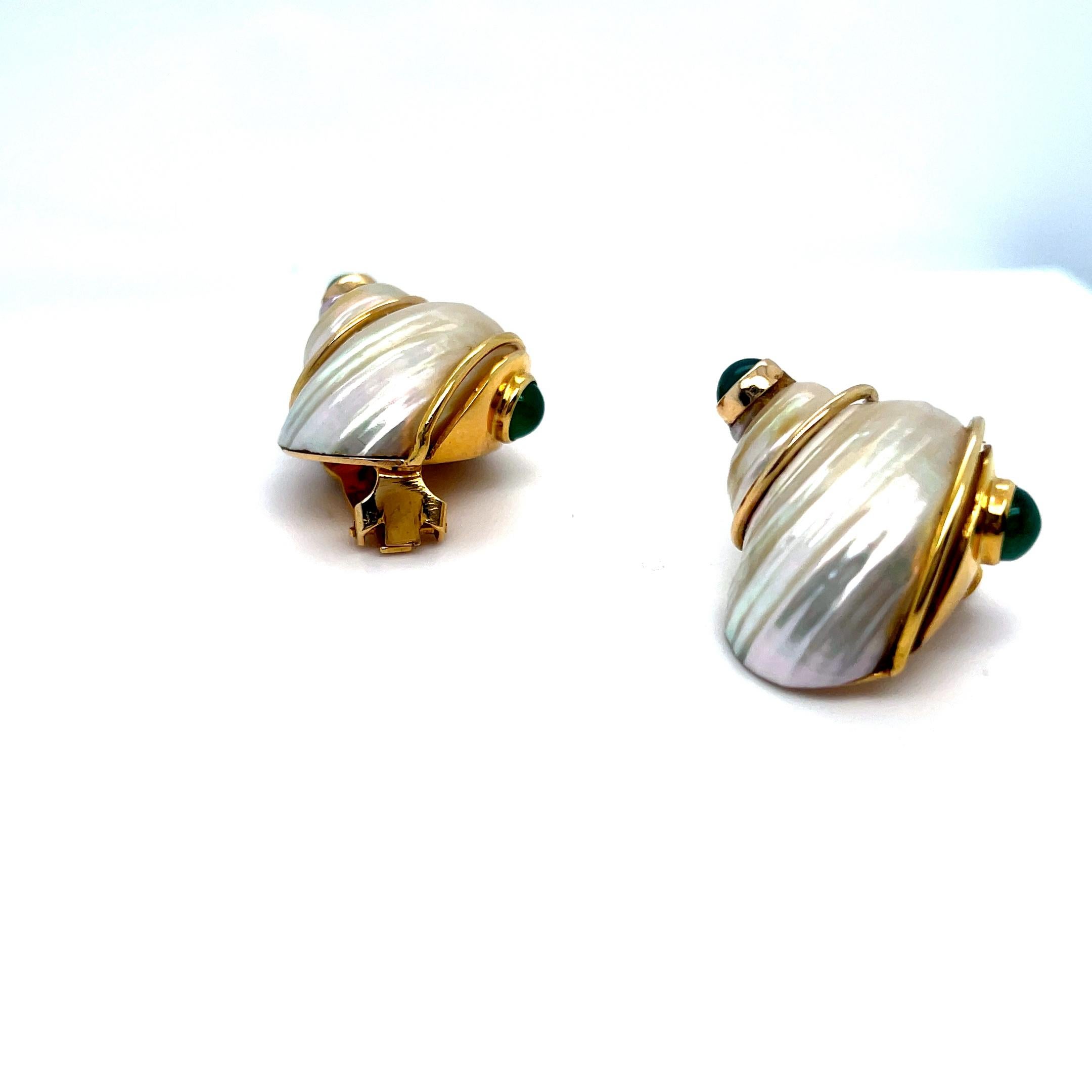 14k Yellow Gold Turbo Shell Ear Clips with Emerald and Chrysoprase Cabochons In Good Condition For Sale In Sherman Oaks, CA