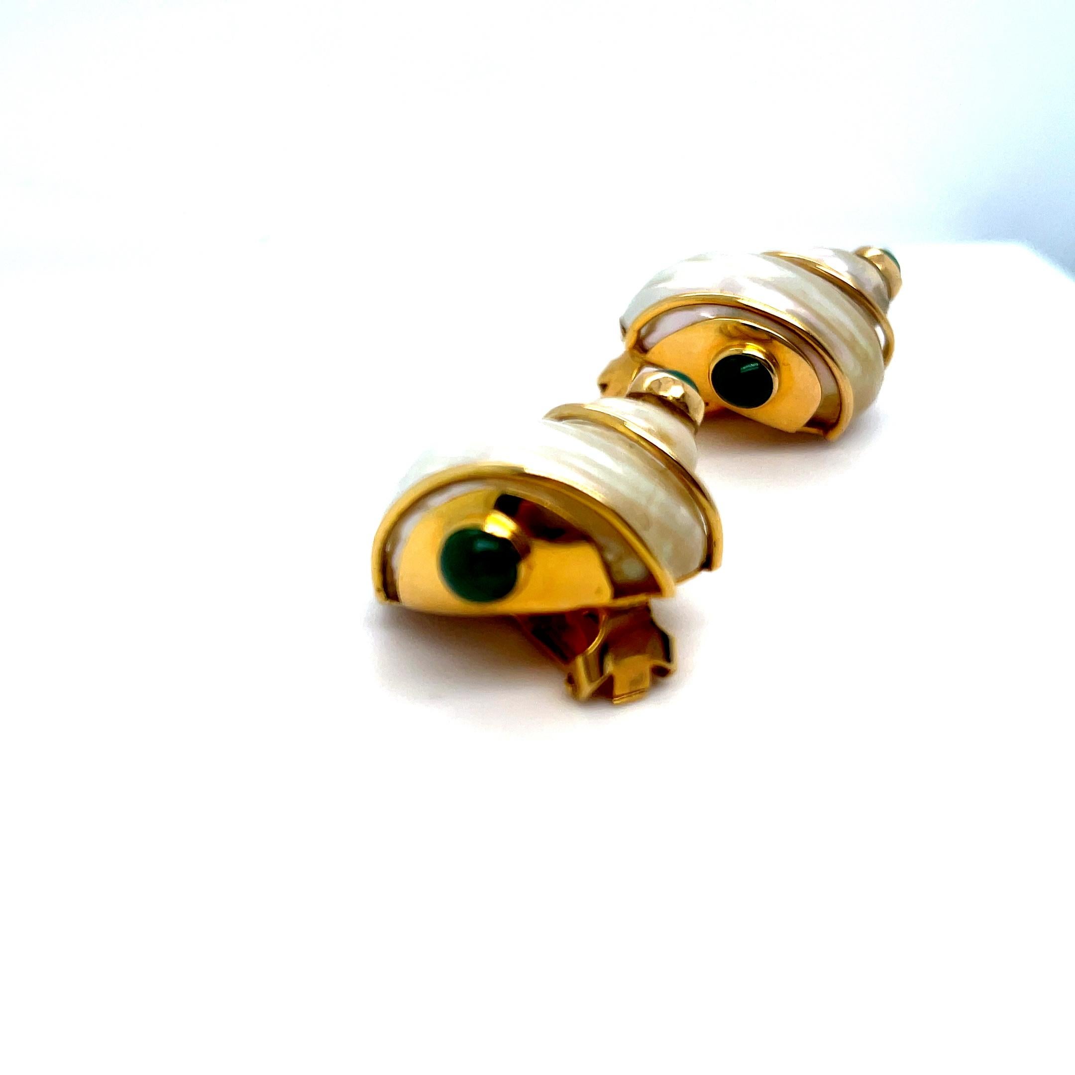 Women's or Men's 14k Yellow Gold Turbo Shell Ear Clips with Emerald and Chrysoprase Cabochons For Sale