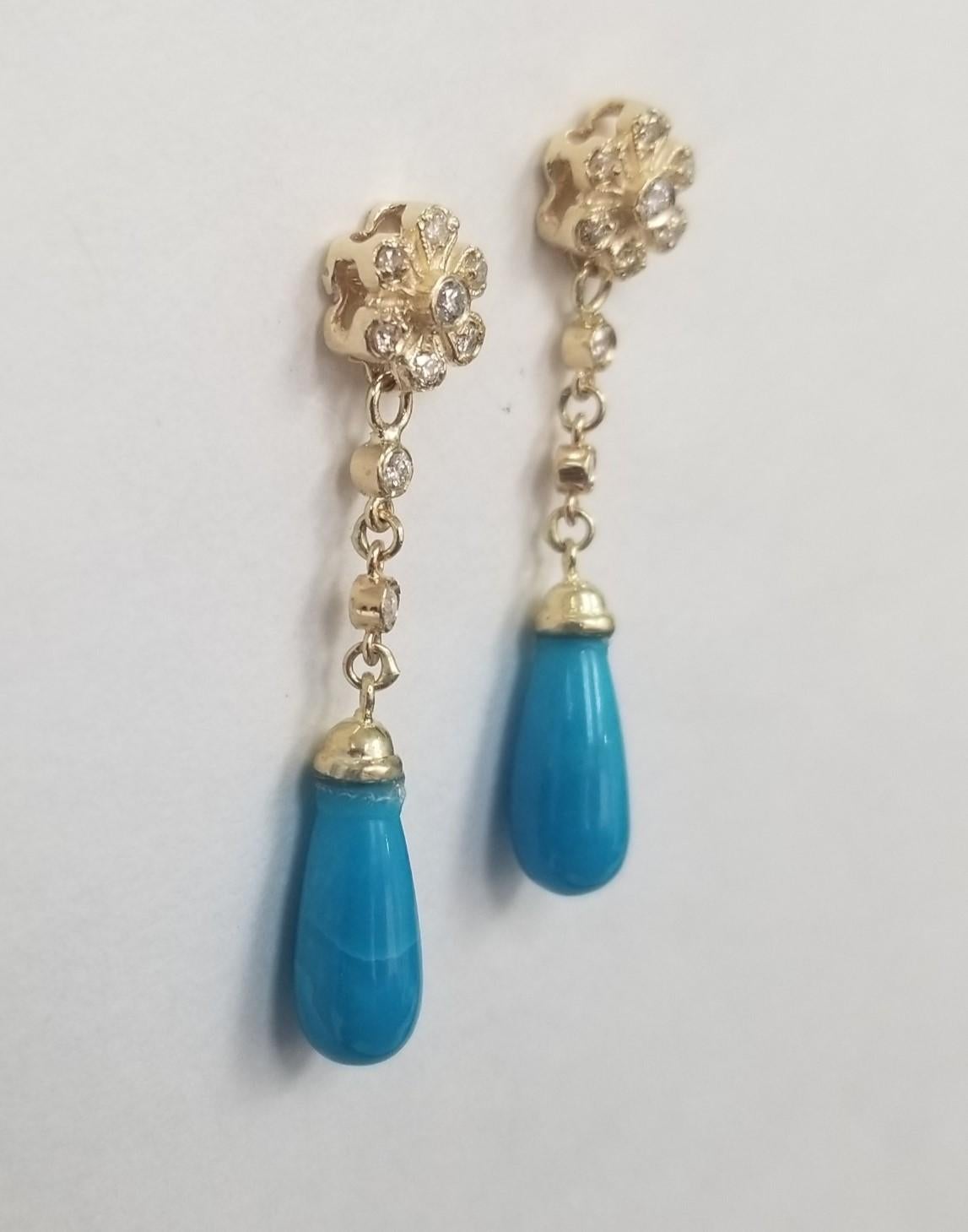 14K YELLOW AND WHITE GOLD CORAL DANGLE EARRINGS WITH DIAMONDS 
Specifications:
    MAIN stone:  Turquoise 6 x 12mm
    DIAMONDS: 18 pcs round diamonds
    CARAT TOTAL WEIGHT: approx .35 CTW
    COLOR/clarity: G/VS2
    brand: UNBRANDED
    metal: