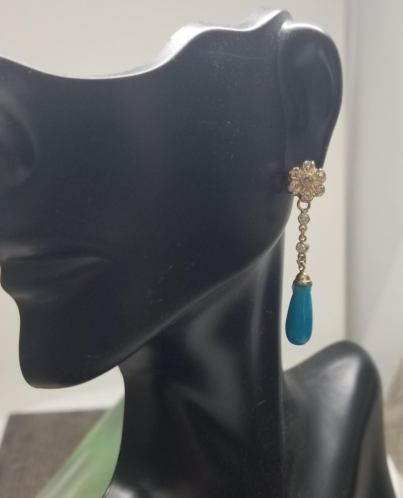 Briolette Cut 14k Yellow Gold Turquoise and Diamond Dangle Earrings For Sale