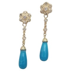 14k Yellow Gold Turquoise and Diamond Dangle Earrings