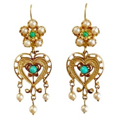 Antique 14k Yellow Gold Turquoise and Diamond Dangle Earrings