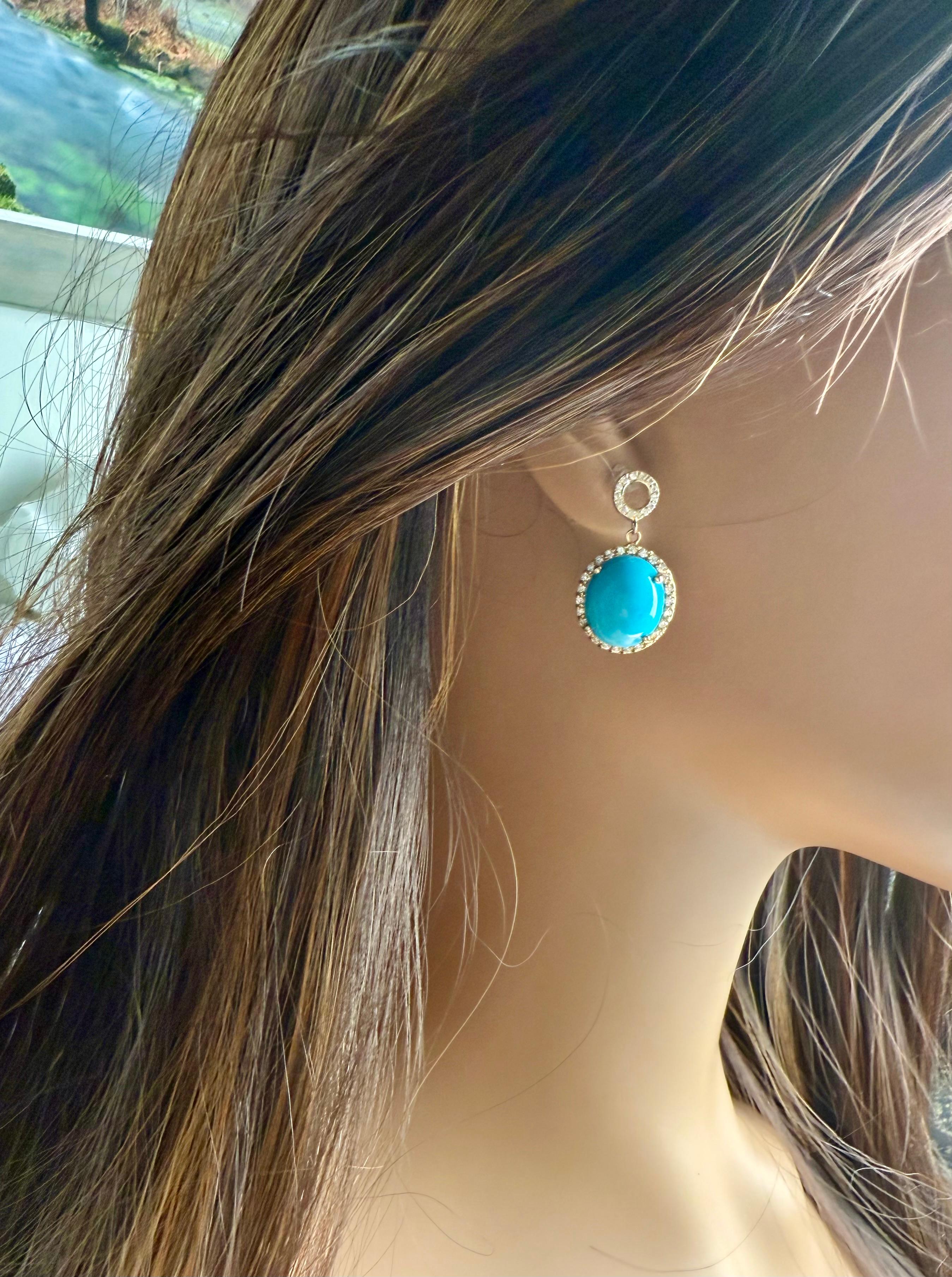 Orecchini a goccia in oro giallo 14K con turchese e diamanti Turchese 25,00 carati in vendita 4