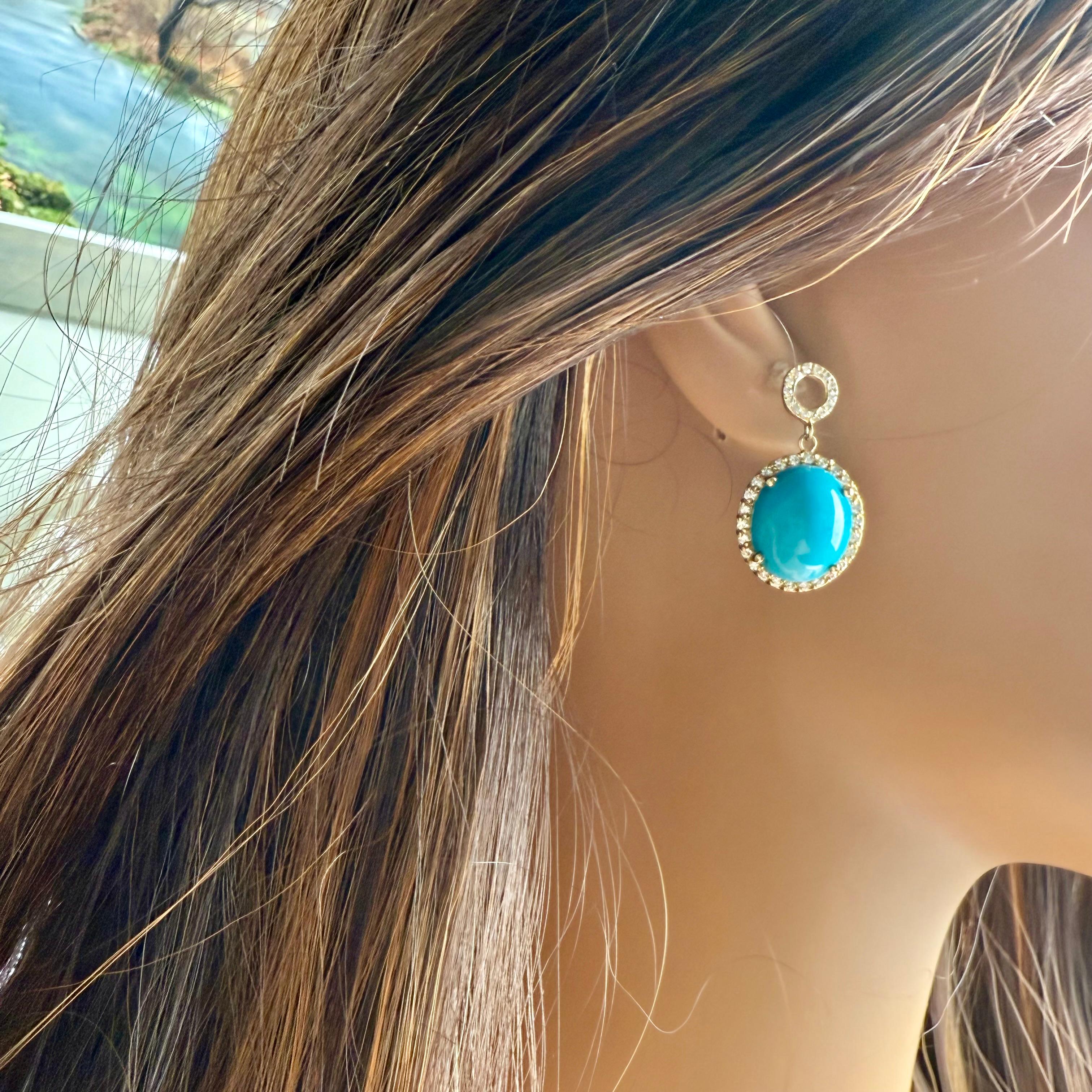 Orecchini a goccia in oro giallo 14K con turchese e diamanti Turchese 25,00 carati In condizioni Nuovo in vendita a New York, NY