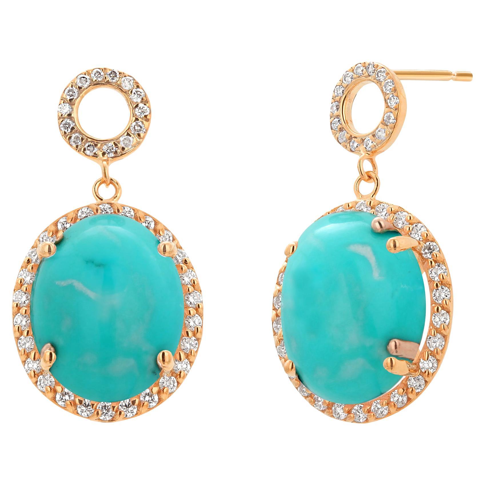 Boucles d'oreilles pendantes en or jaune 14K Turquoise et diamant Turquoise 25.00 carats