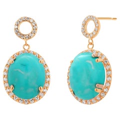 Boucles d'oreilles pendantes en or jaune 14K Turquoise et diamant Turquoise 25.00 carats