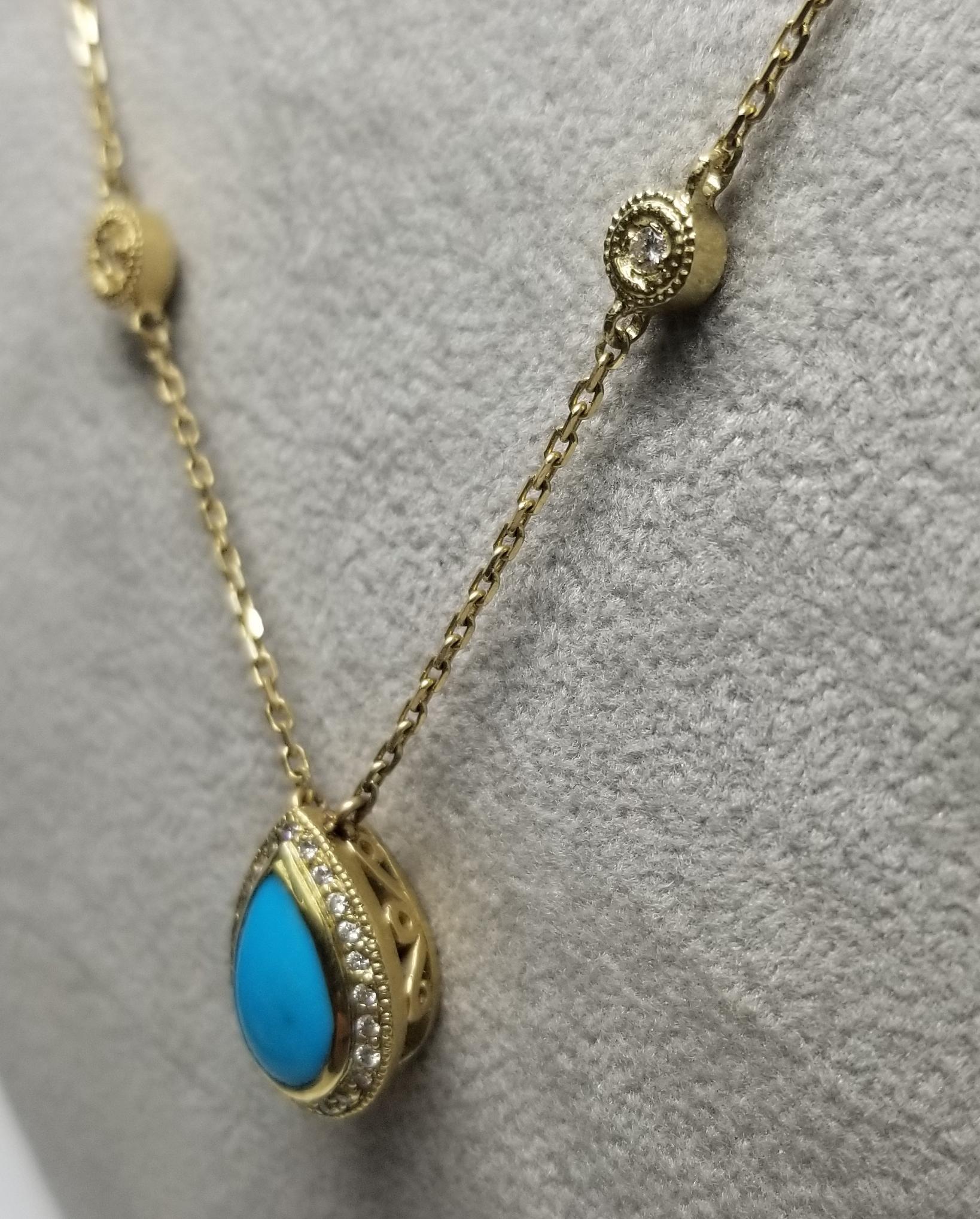 Artisan 14 Karat Yellow Gold Turquoise and Diamond Halo Necklace