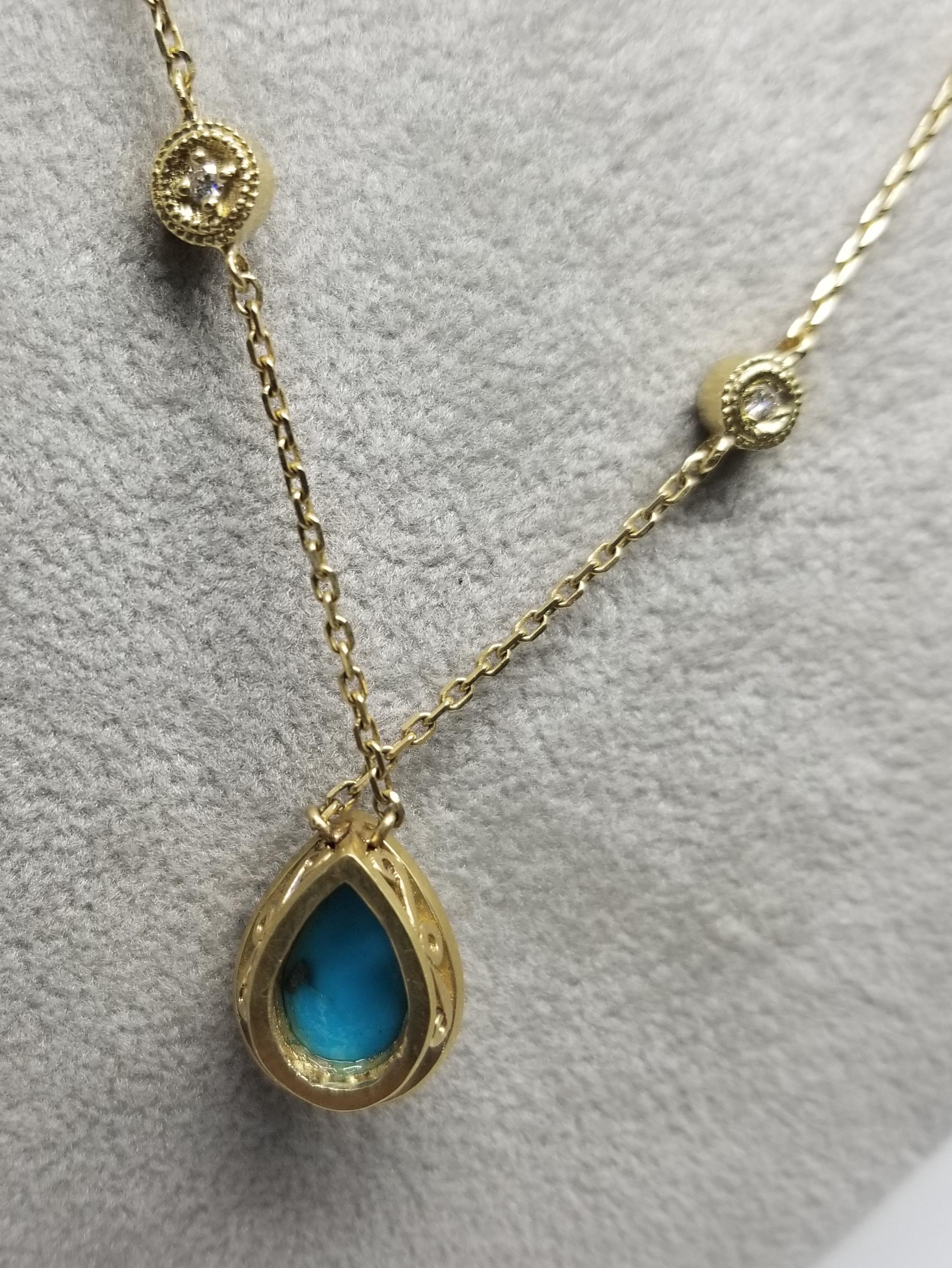 Pear Cut 14 Karat Yellow Gold Turquoise and Diamond Halo Necklace