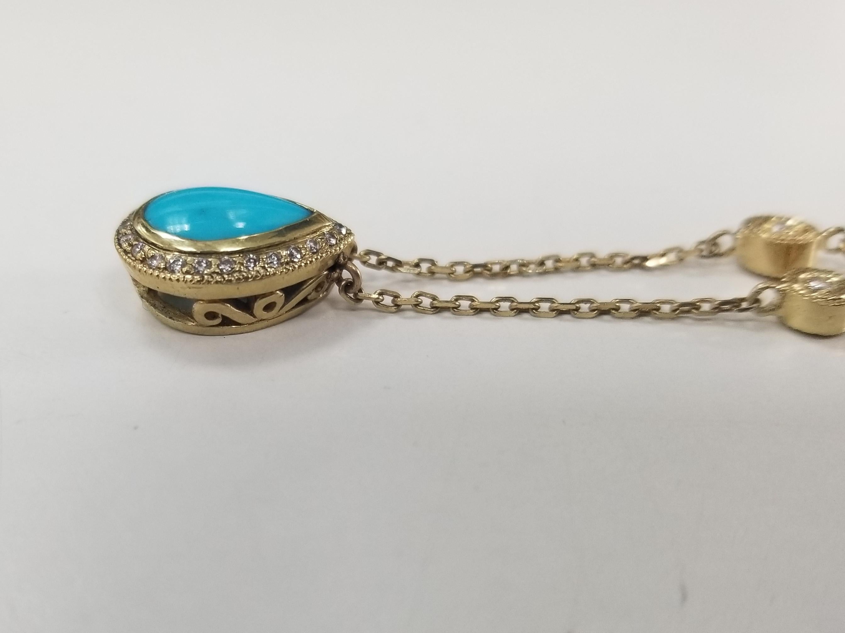14 Karat Yellow Gold Turquoise and Diamond Halo Necklace In New Condition In Los Angeles, CA