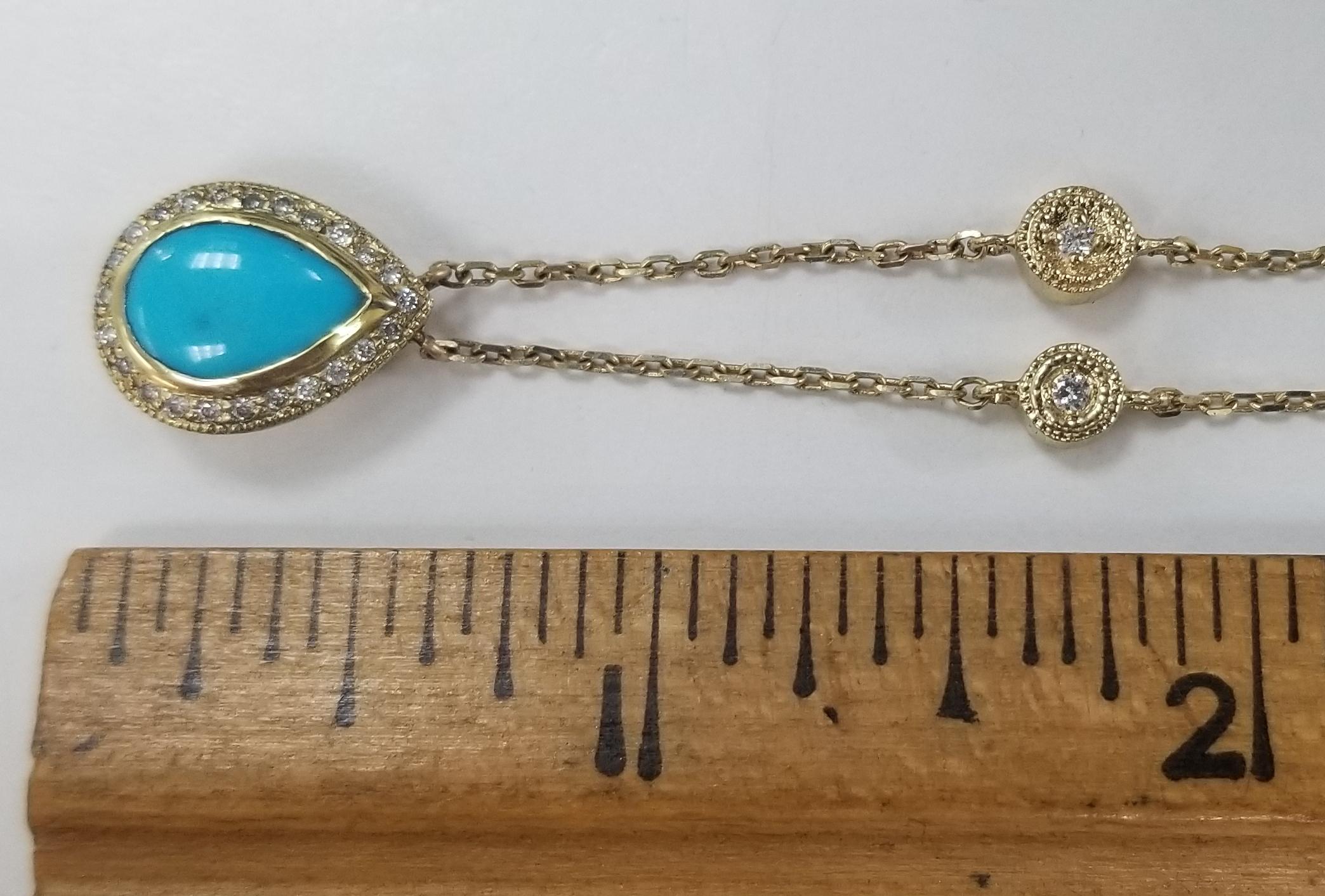 Women's or Men's 14 Karat Yellow Gold Turquoise and Diamond Halo Necklace