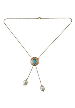 14K Yellow Gold Turquoise and Pearl Drop Necklace #24071