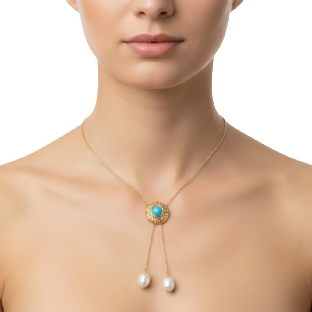 Donna Collana in oro giallo 14K con turchese e perle #24071 in vendita