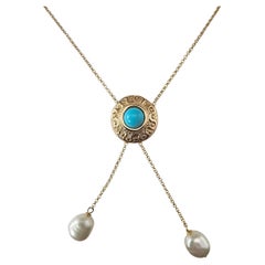 14K Yellow Gold Turquoise and Pearl Drop Necklace #24071