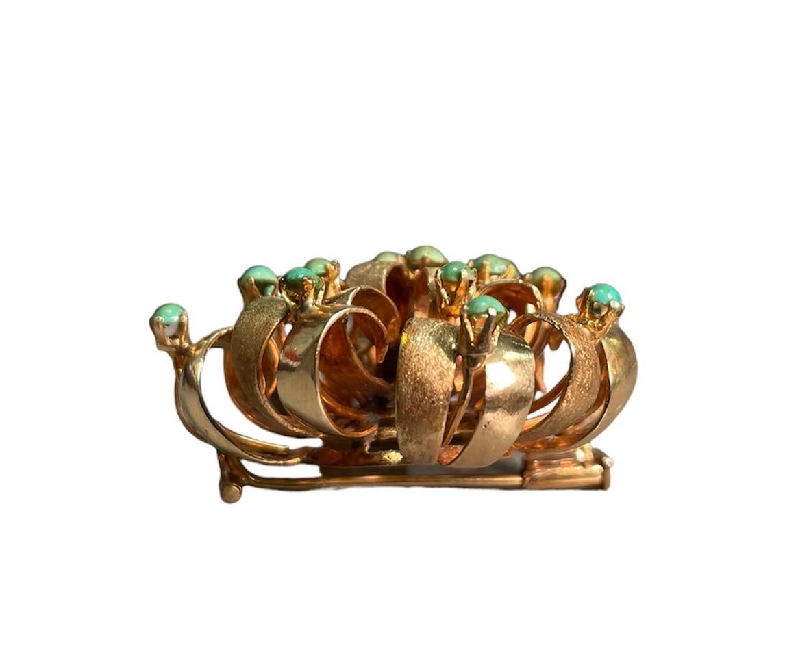 14k Yellow Gold Turquoise Beads Large Bow Brooch For Sale 5