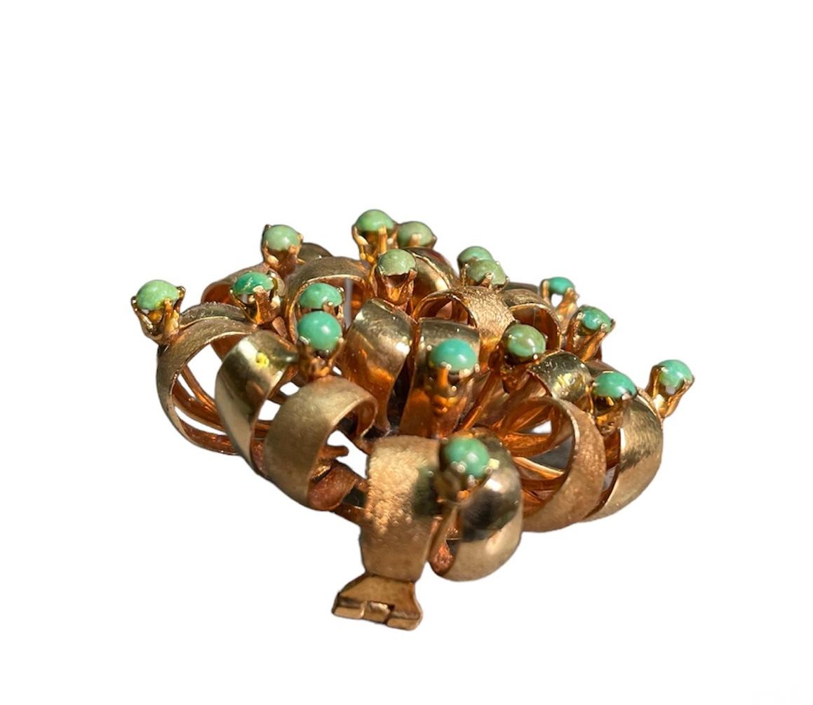 14k Yellow Gold Turquoise Beads Large Bow Brooch For Sale 7