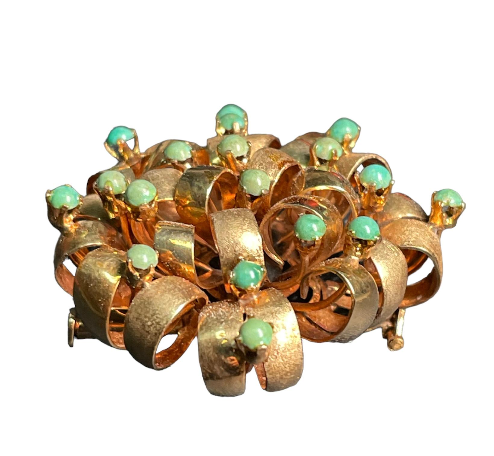 14k Yellow Gold Turquoise Beads Large Bow Brooch In Good Condition For Sale In Guaynabo, PR