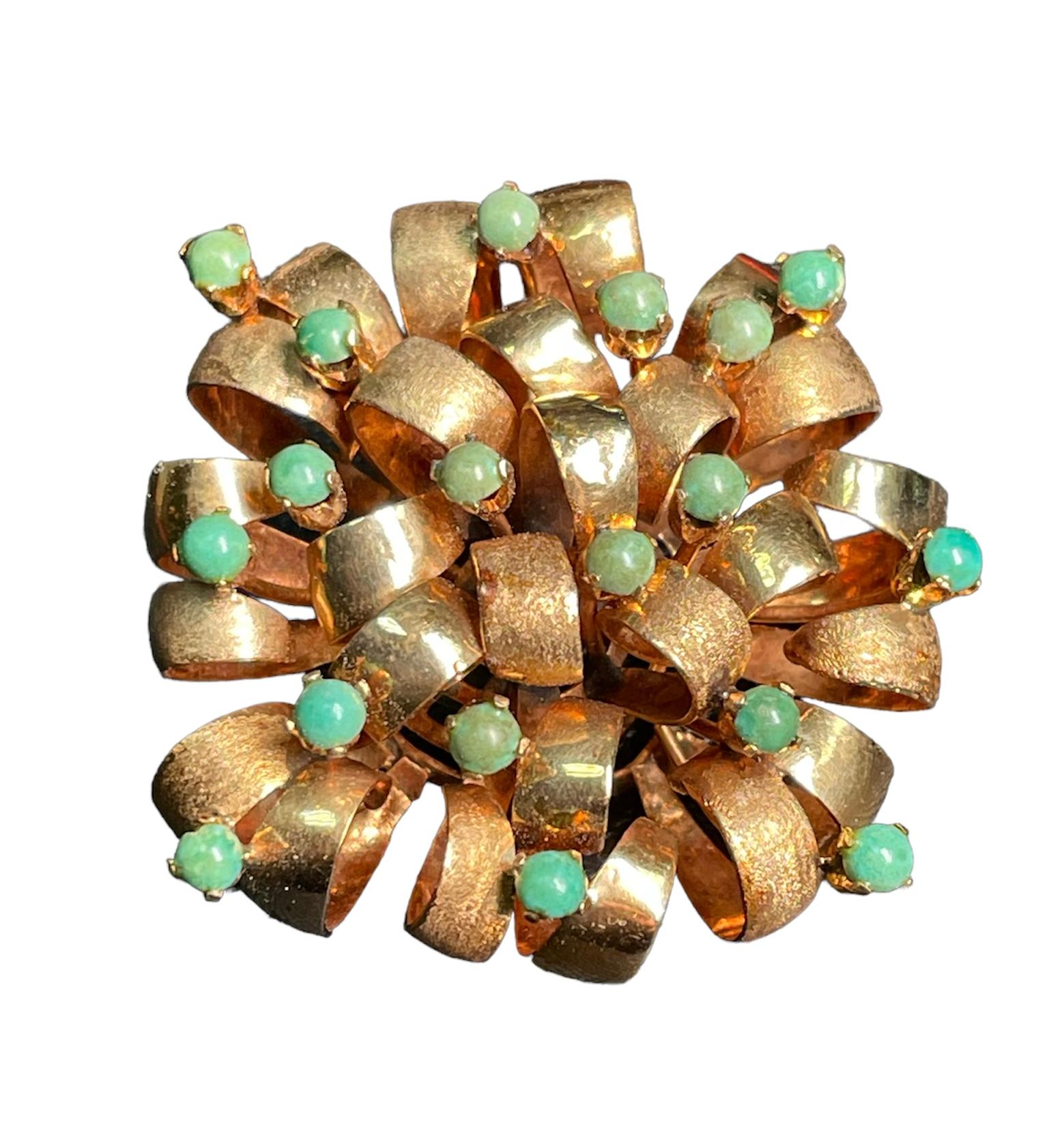Women's or Men's 14k Yellow Gold Turquoise Beads Large Bow Brooch For Sale