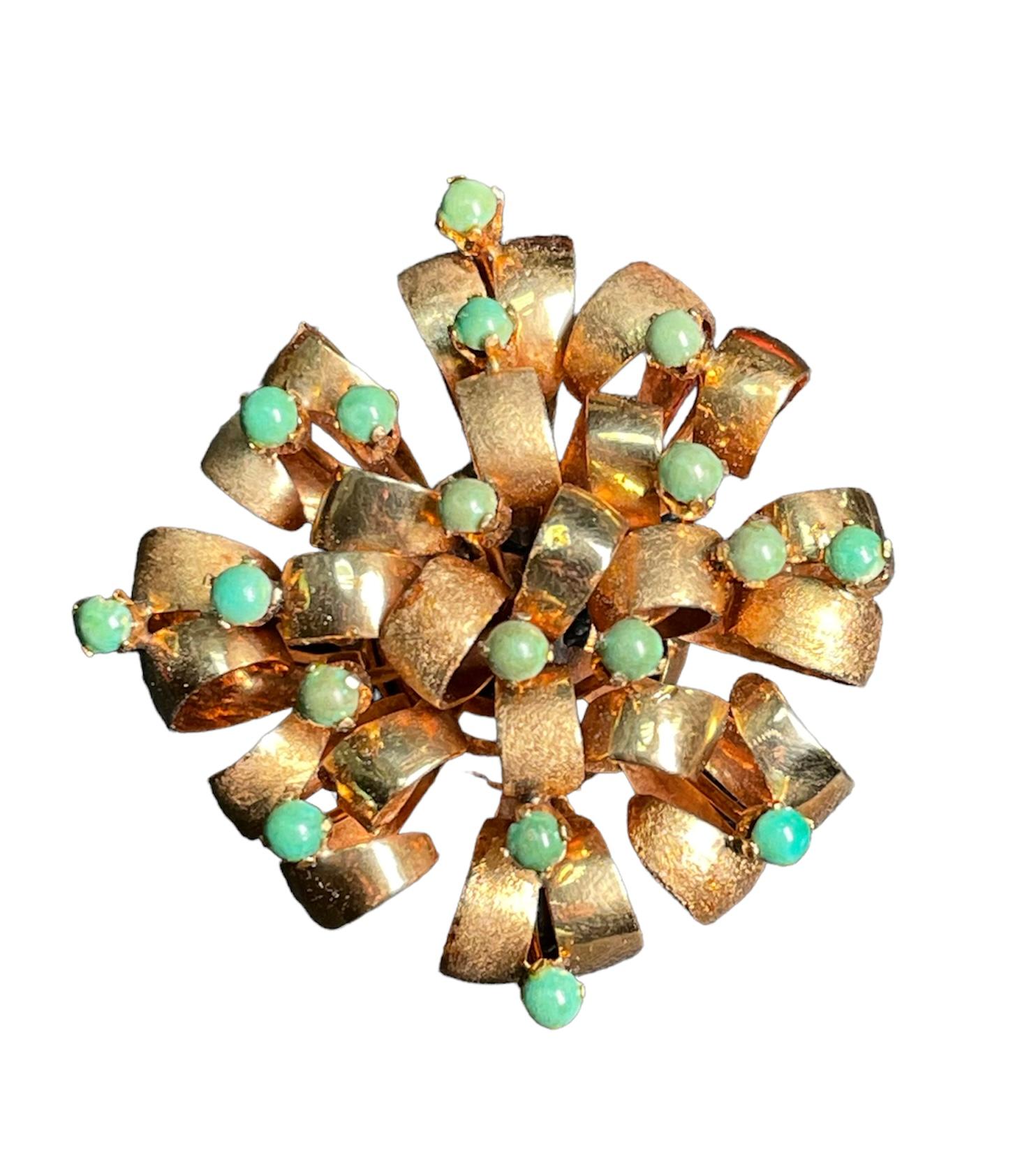 14k Yellow Gold Turquoise Beads Large Bow Brooch For Sale 1