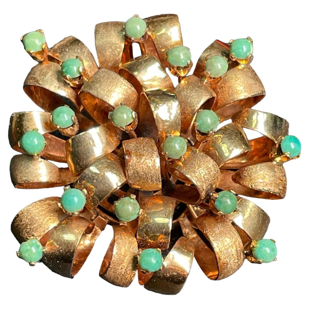 14k Yellow Gold Turquoise Beads Large Bow Brooch For Sale