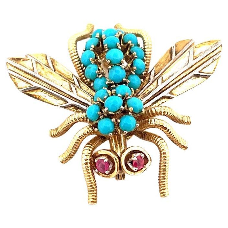 14k Yellow Gold Turquoise Bee Brooch For Sale at 1stDibs