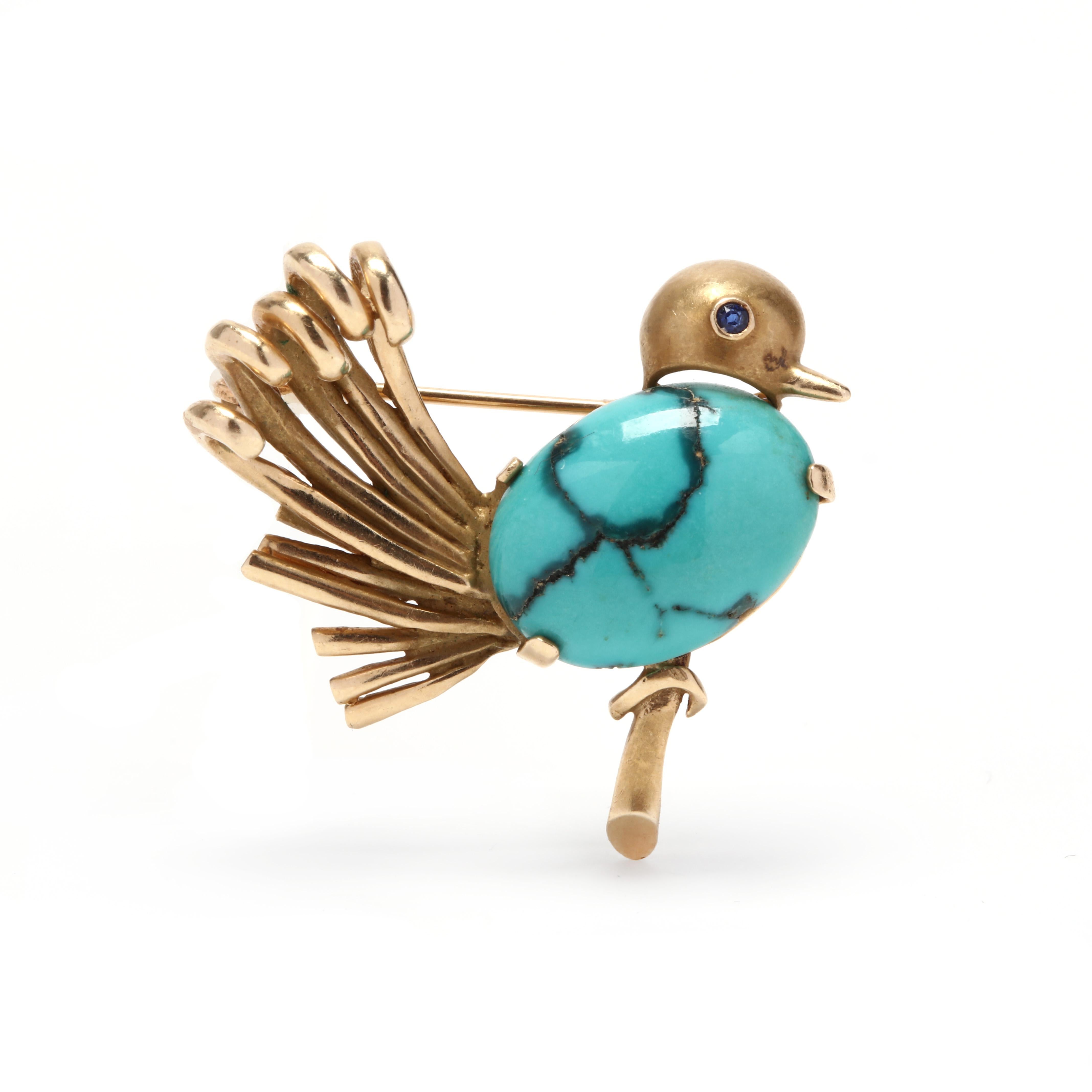 Oval Cut 14 Karat Yellow Gold and Turquoise Bird Brooch