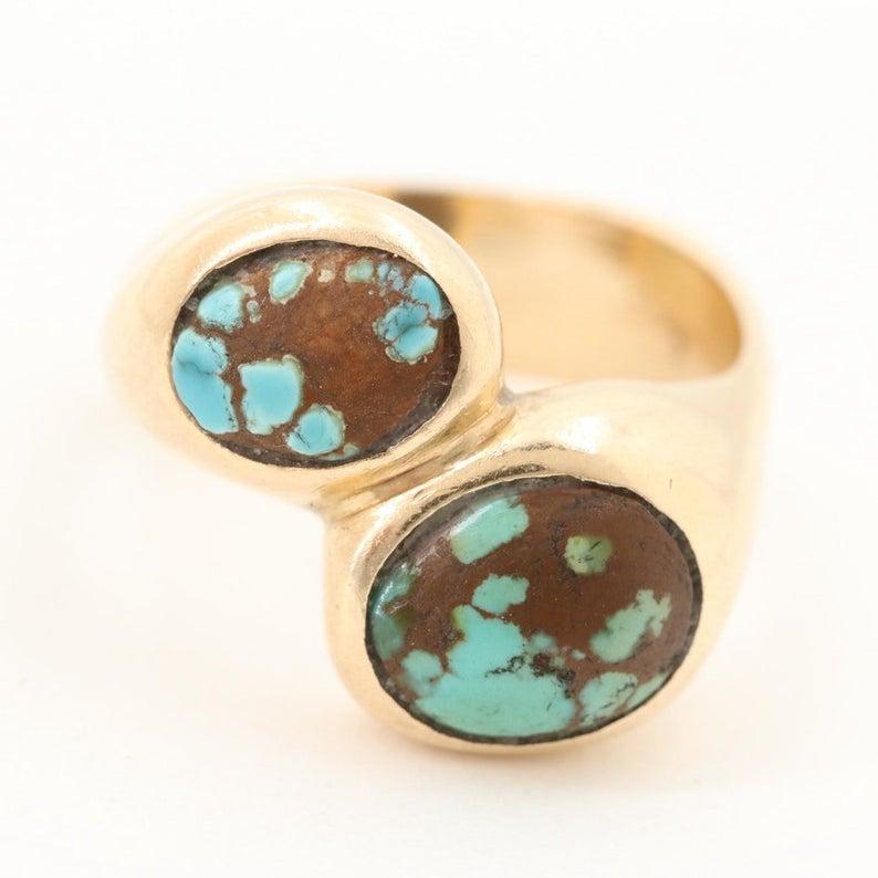 Item Details
Materials:	14K Yellow Gold
Ring Size:	5.75
Hallmarks:	Indiscernible
Total Weight:	4.50 dwt

Center Stone Type:	Turquoise
Center Stone Shape:	Oval Cabochon
Center Stone Count:	2
Center Stone Dimensions:	7.75 mm x 5.50 mm – 9.00 mm x 7.25
