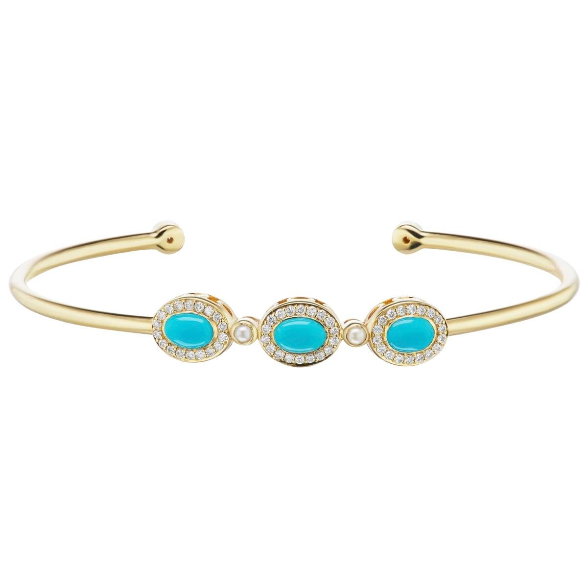 14k Yellow Gold Blue Enamel, Turquoise Cabochon and Pink Sapphire Cuff