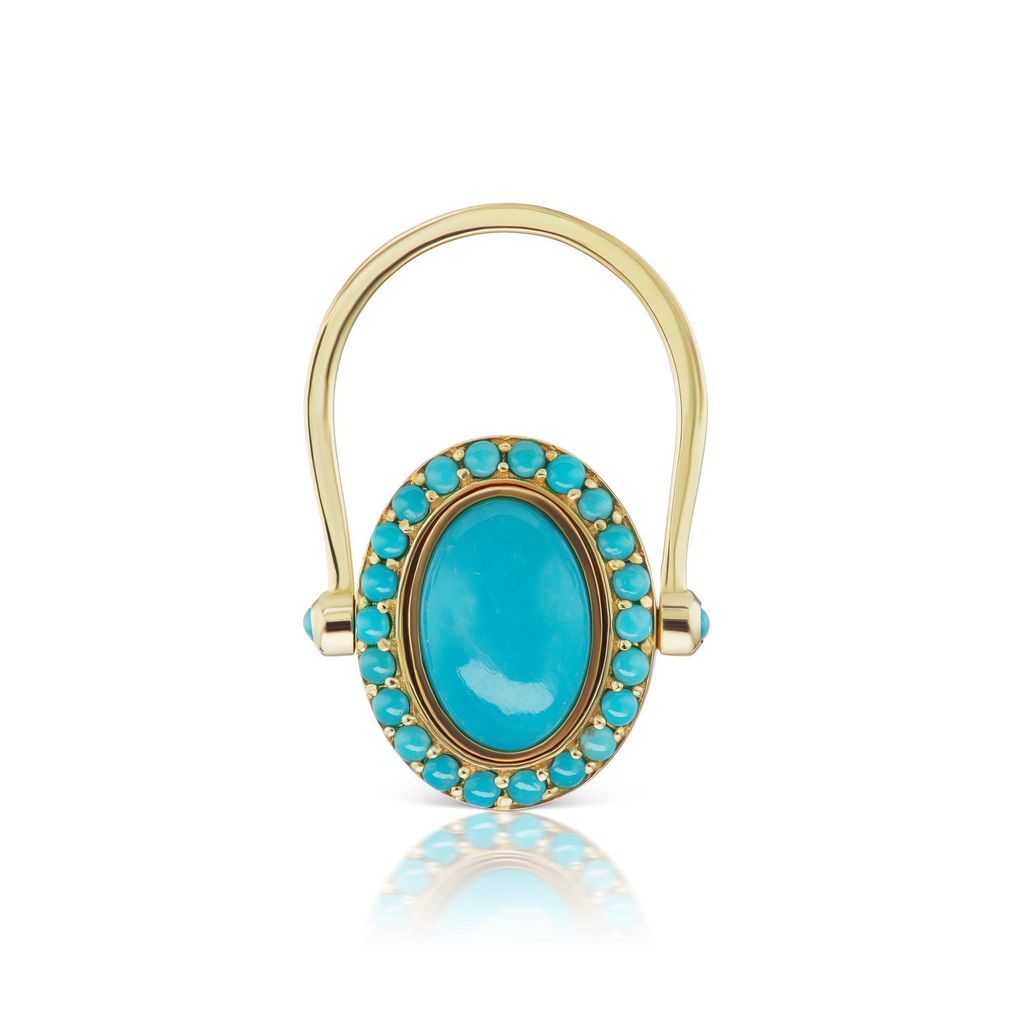 14k YG Turquoise Halo Ring with Turquoise Cabochon Center and on Shank (t.c.w. 2.56).

Vintage inspired, this color combination is an all-time favorite.  

Style Note:   This one of a kind ring is a size 6.5, and can be sized.