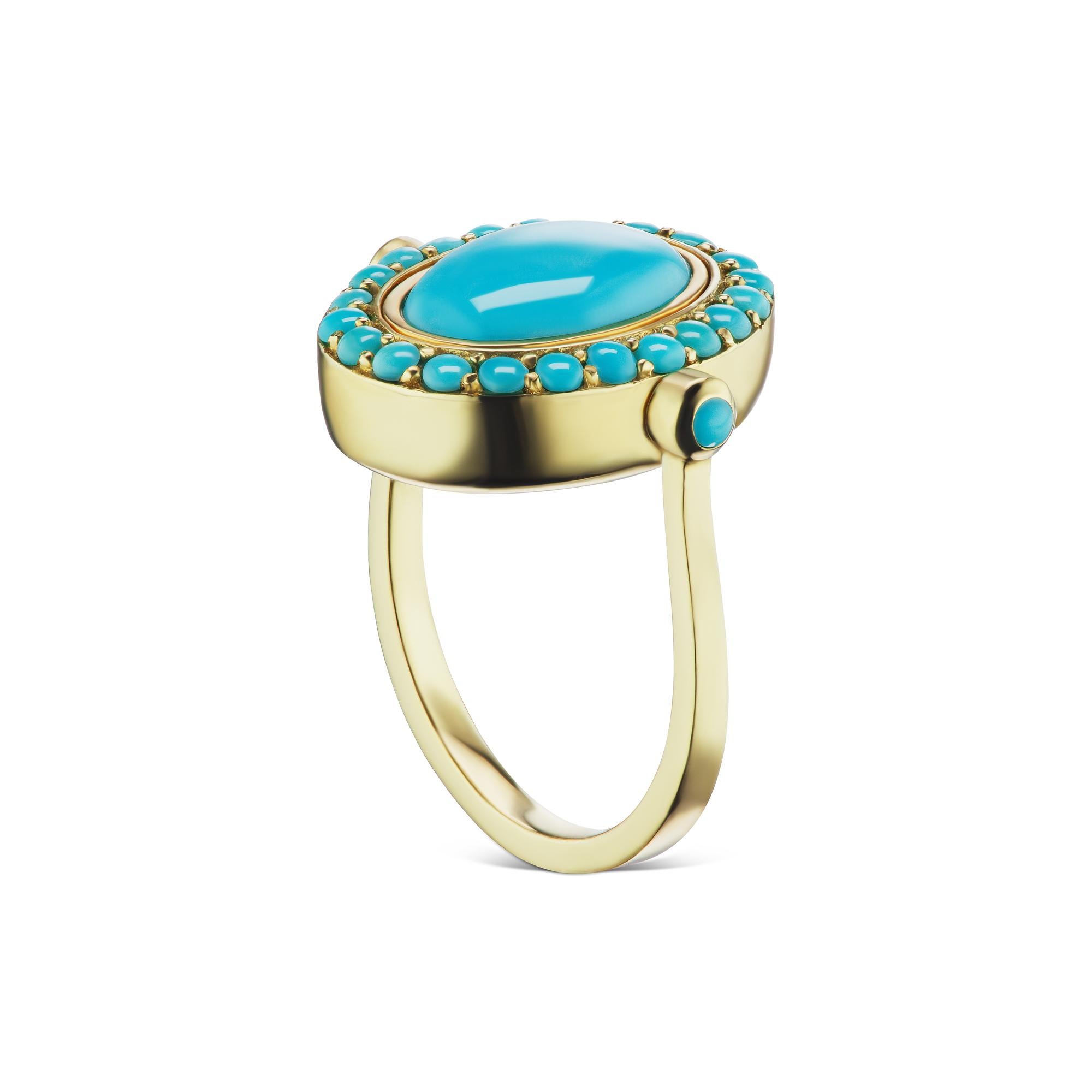 Contemporary 14 Karat Yellow Gold Turquoise Cabochon and Halo Cocktail Ring