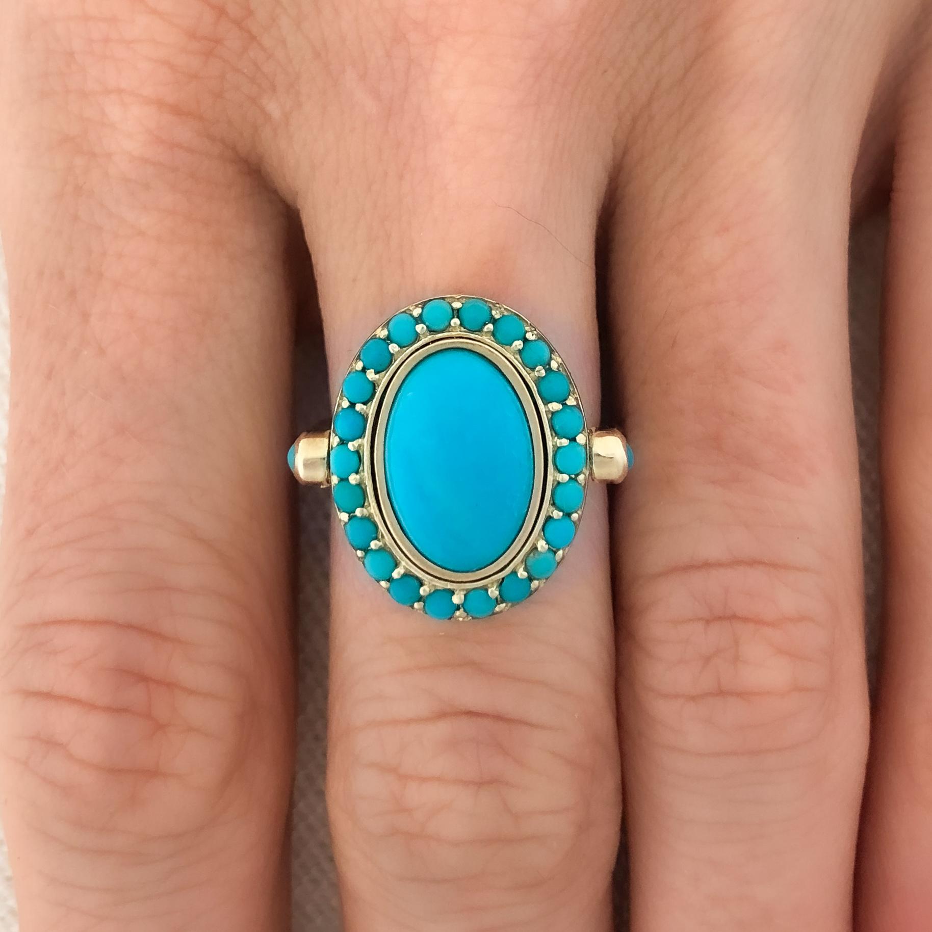 14 Karat Yellow Gold Turquoise Cabochon and Halo Cocktail Ring In New Condition In Mountain Brook, AL