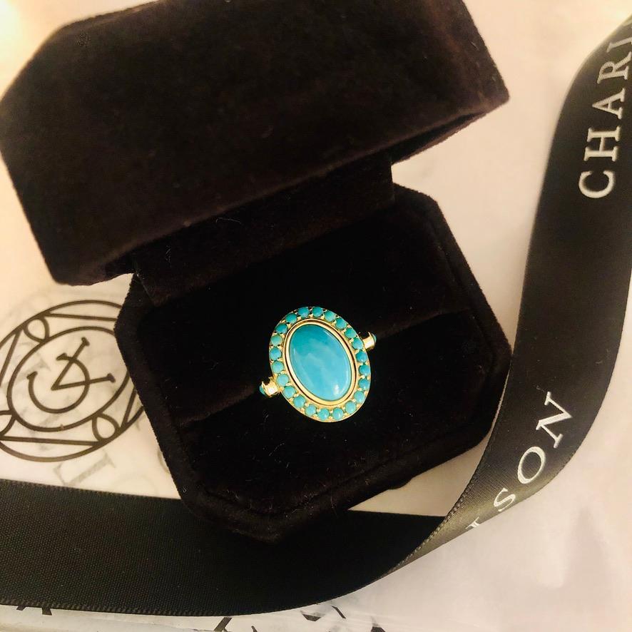 Women's 14 Karat Yellow Gold Turquoise Cabochon and Halo Cocktail Ring