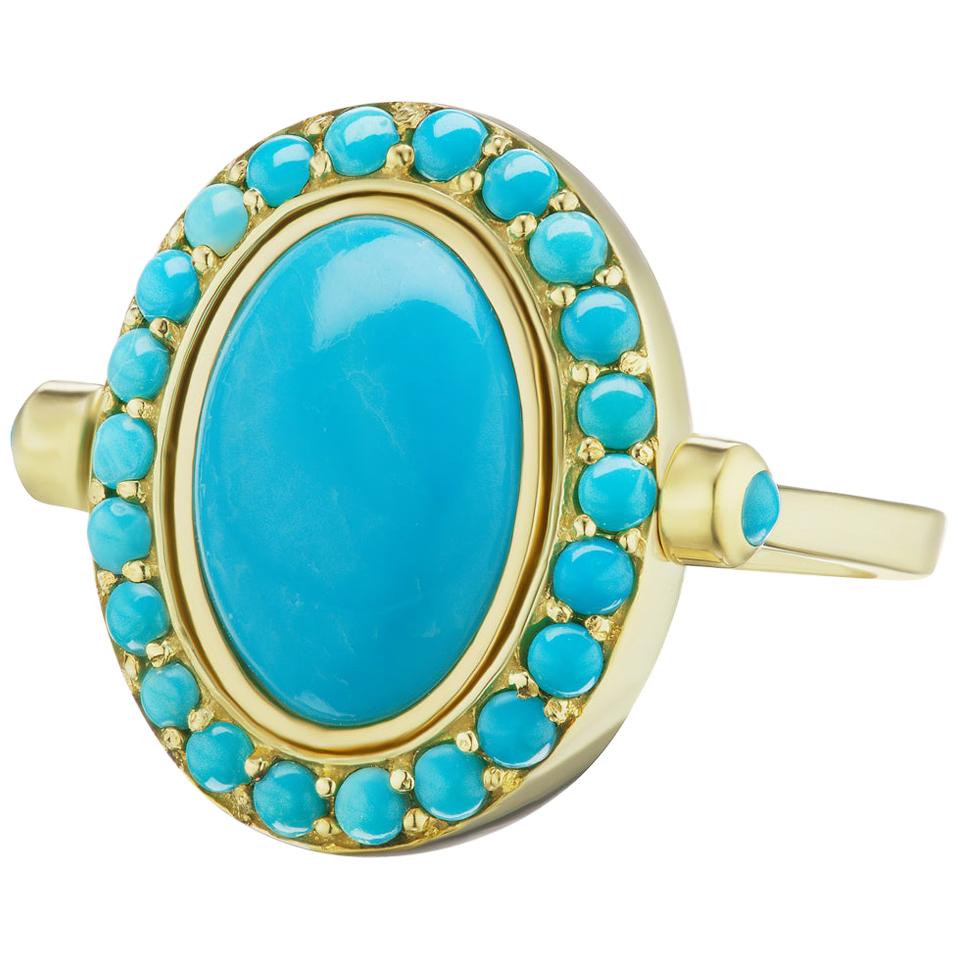 14 Karat Yellow Gold Turquoise Cabochon and Halo Cocktail Ring