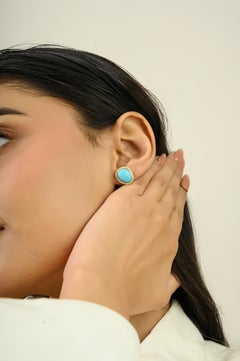 Boucles d'oreilles Halo en or jaune 14K Turquoise Cabochon Diamant 4.38 Ct Prong Set