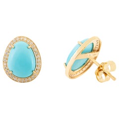 Boucles d'oreilles Halo en or jaune 14K Turquoise Cabochon Diamant 4.38 Ct Prong Set