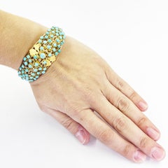 14K Yellow Gold Turquoise Cabochon Hinge Bangle Bracelet