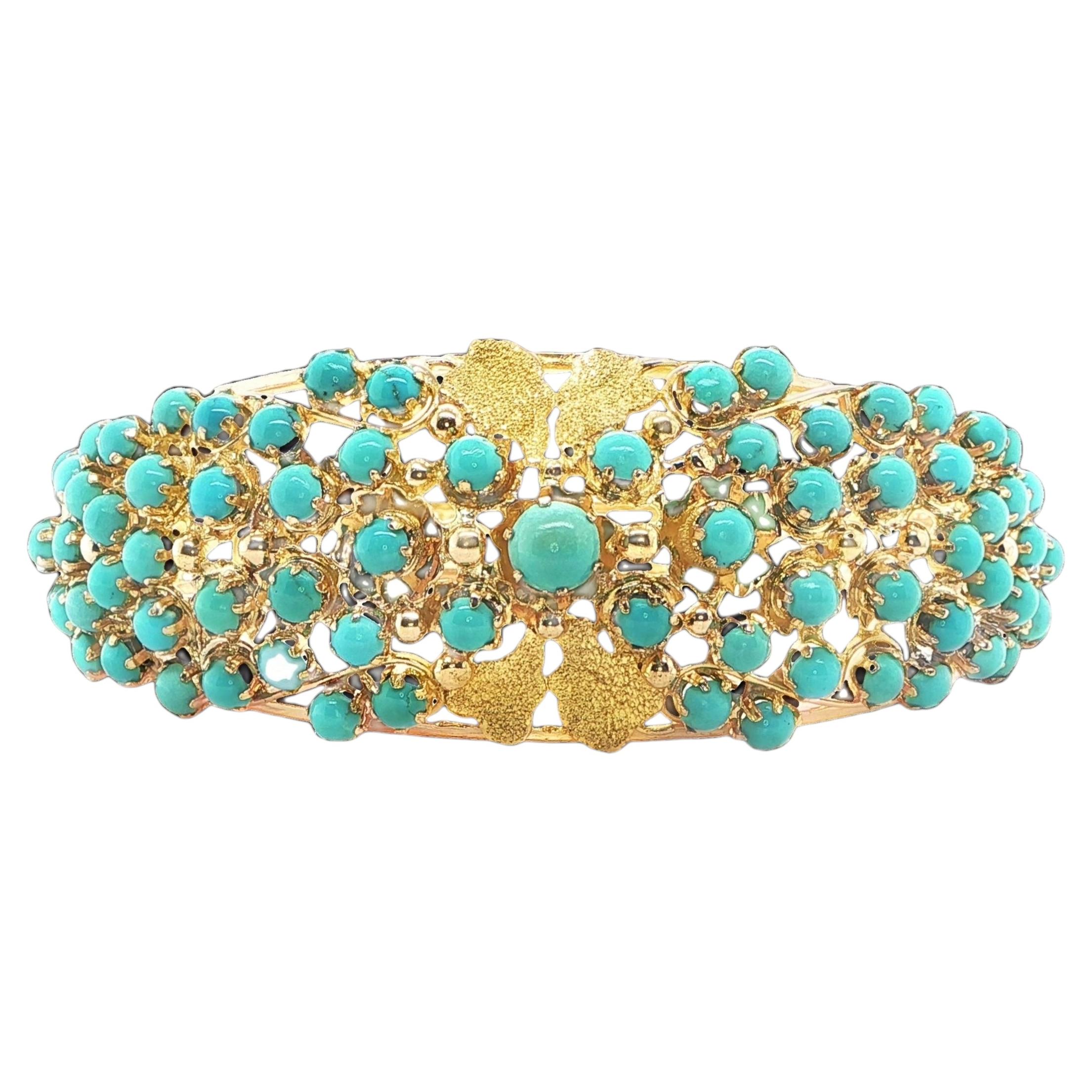 Bracciale rigido con cerniera in oro giallo 14K con cabochon di turchese