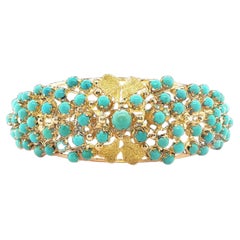14K Yellow Gold Turquoise Cabochon Hinge Bangle Bracelet